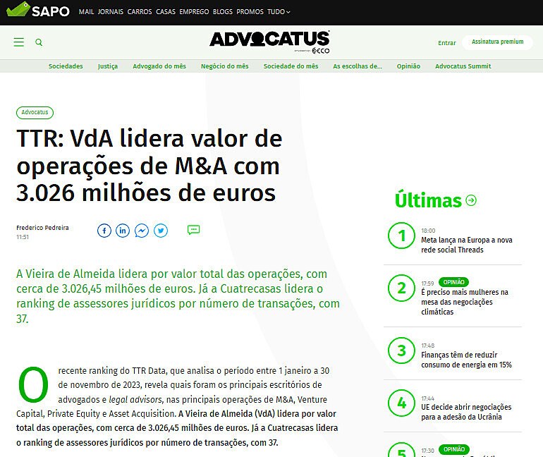 TTR: VdA lidera valor de operaes de M&A com 3.026 milhes de euros